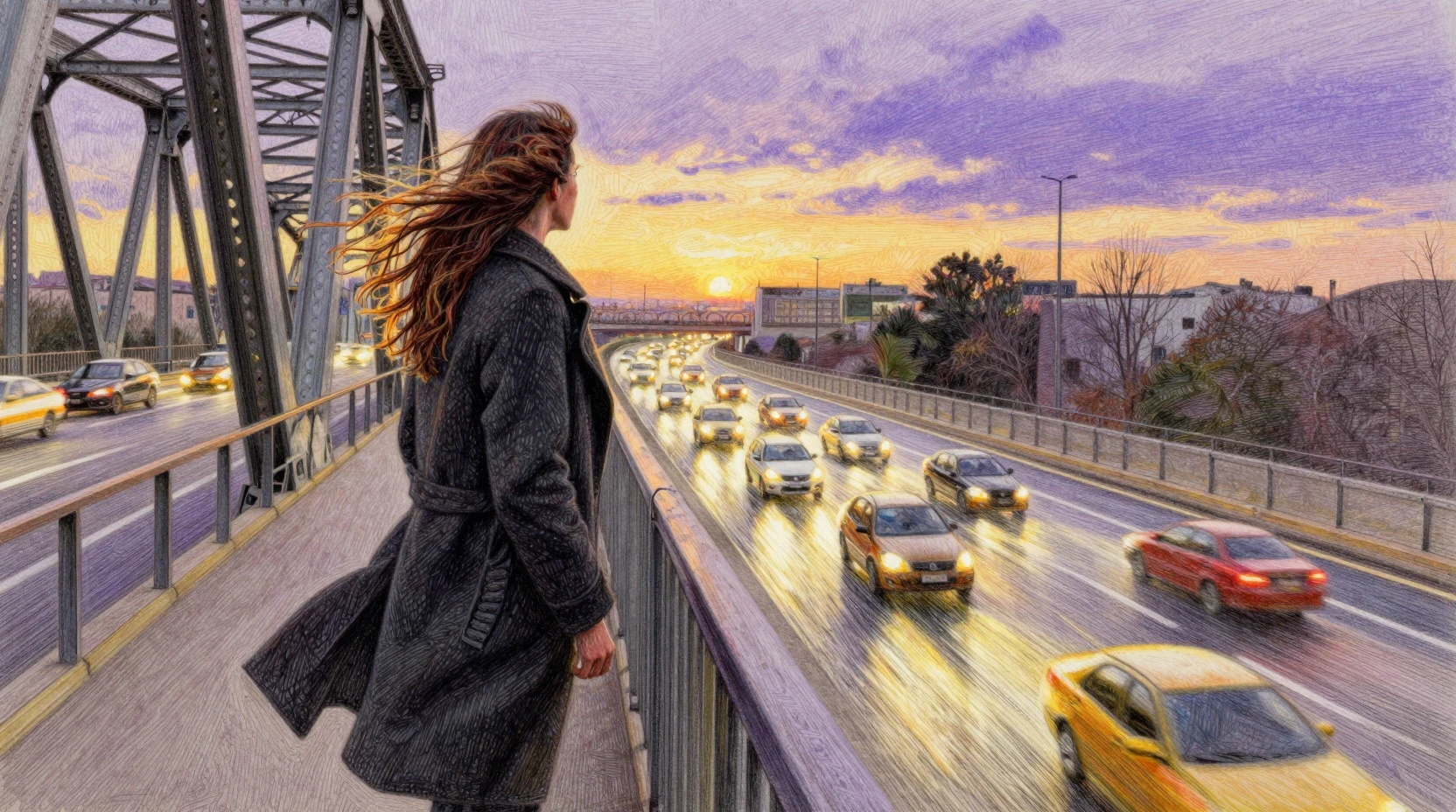Passenger on a city bridge above rushing riverlike traffic