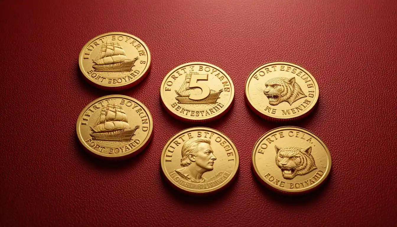 Realistic gold coins on red textured background