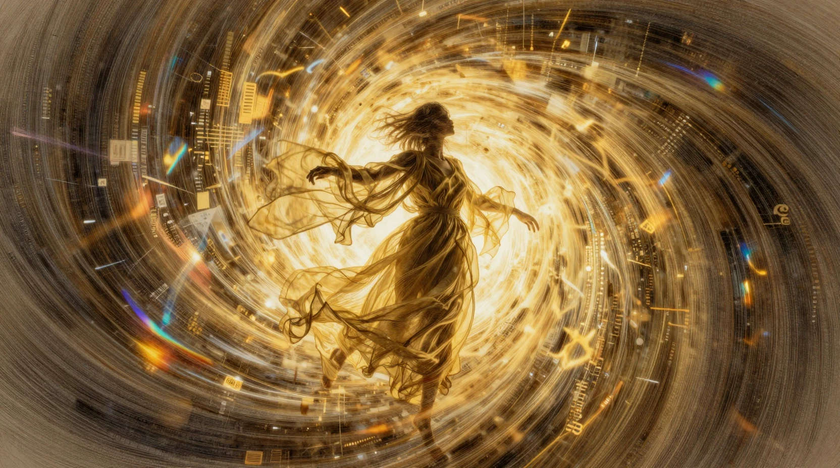 Figure In Golden Vortex With Billowing Chiffon Robes
