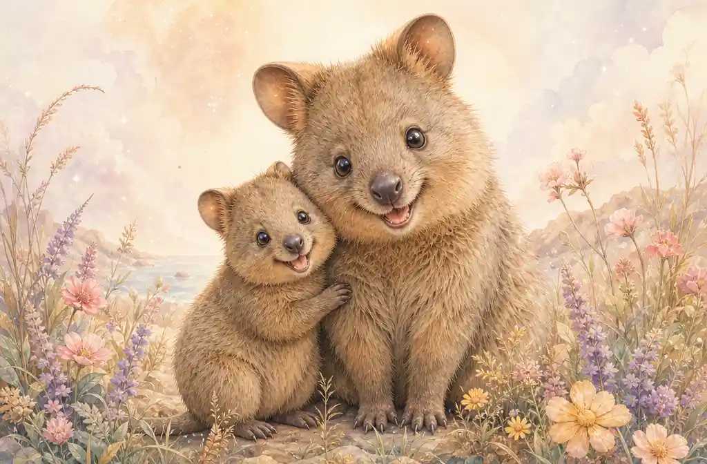 Cute baby quokka cuddling with mother in soft floral meadow
