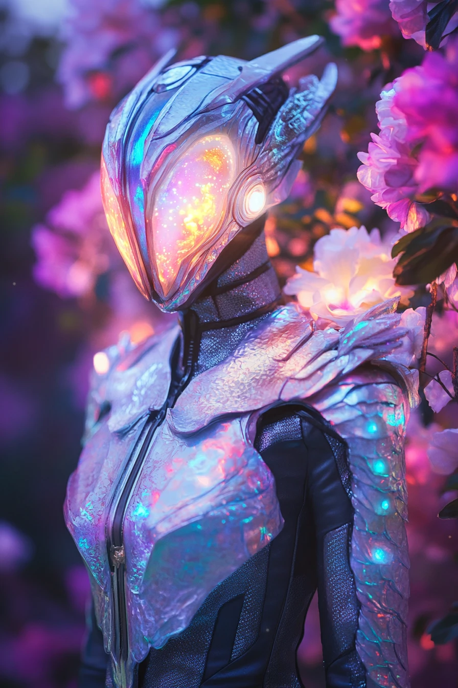 Fantasy creature in glowing mist with luminous flowers