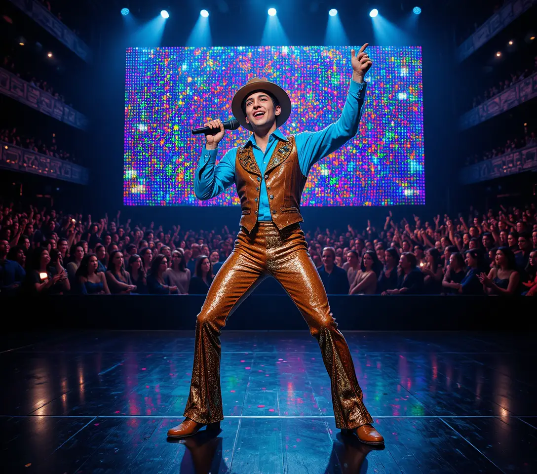Chanteur joyeux en costume d’âne sur une scène de théâtre