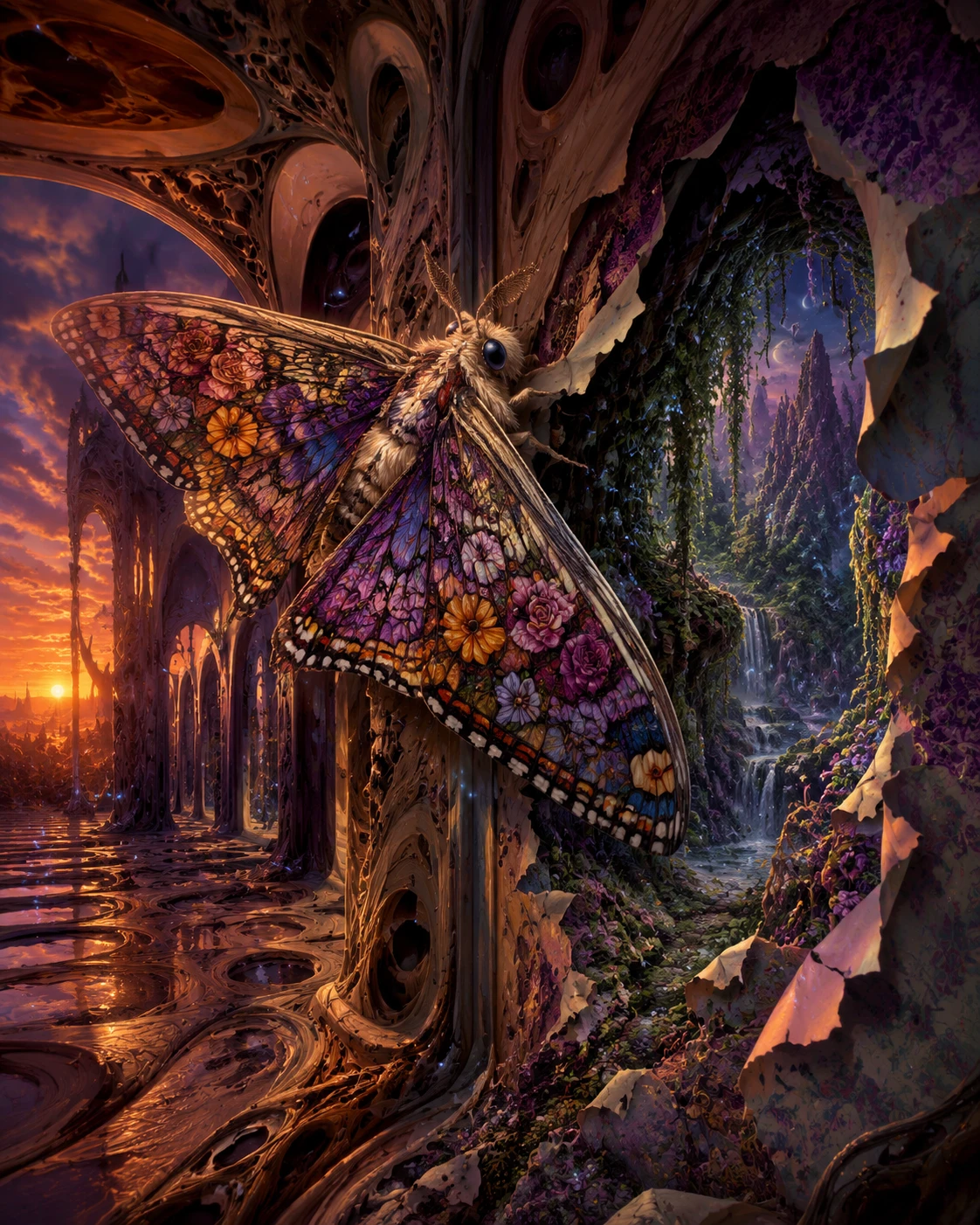 Surreal Giant Moth In A Twisting Twilight Corridor