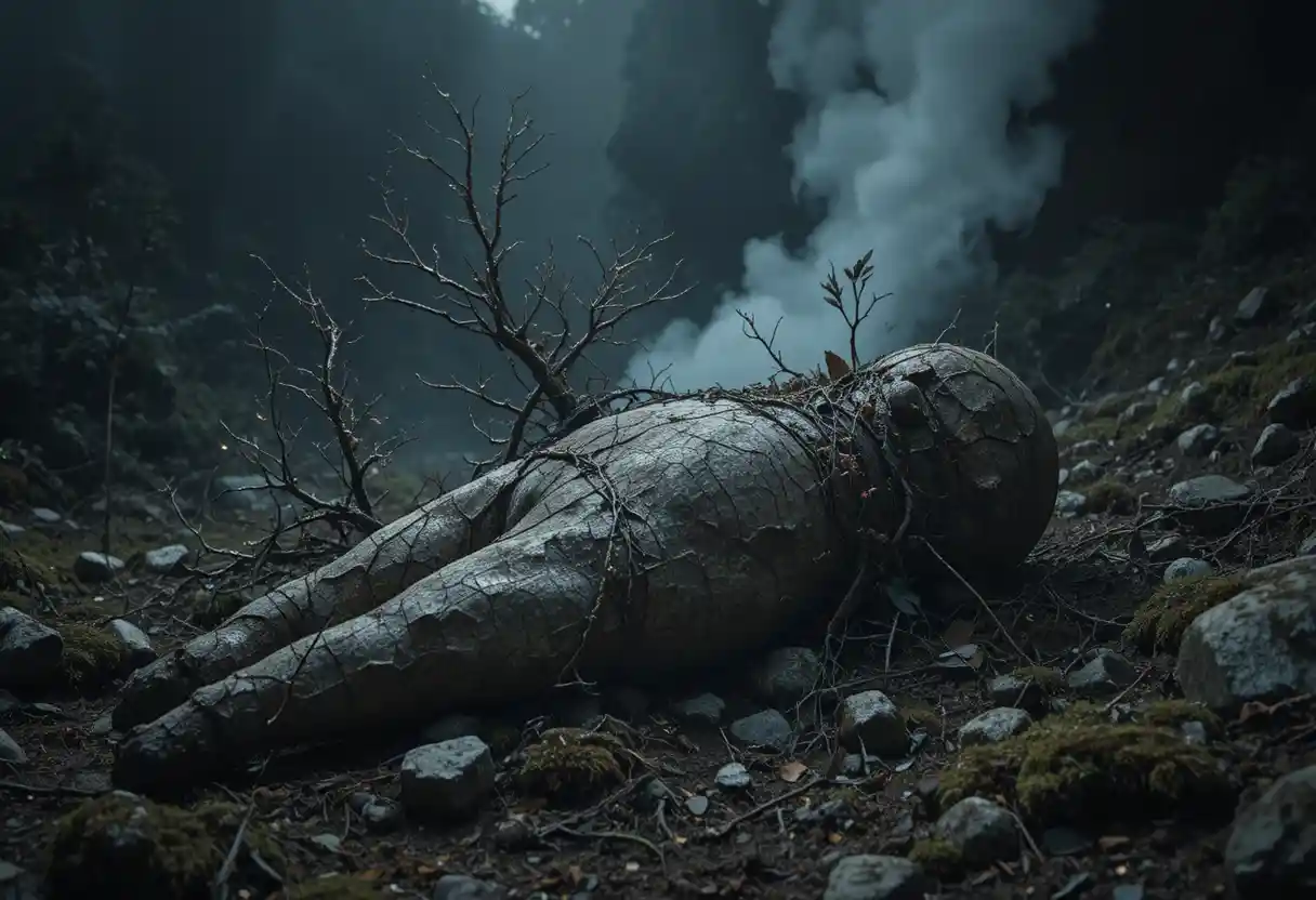 Deer skull half buried in damp earth with rising mist