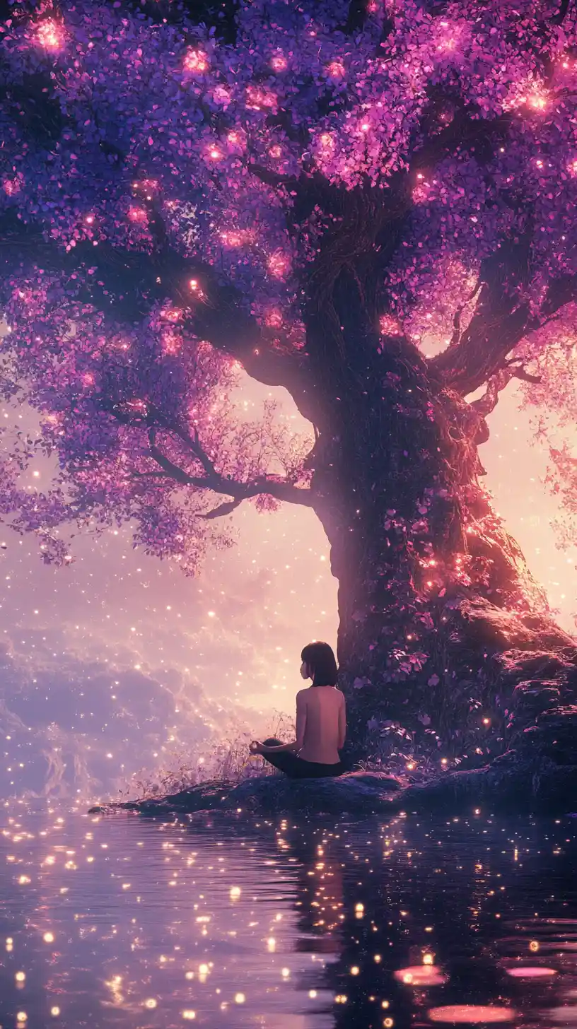 Woman meditating under glowing purple tree by still water