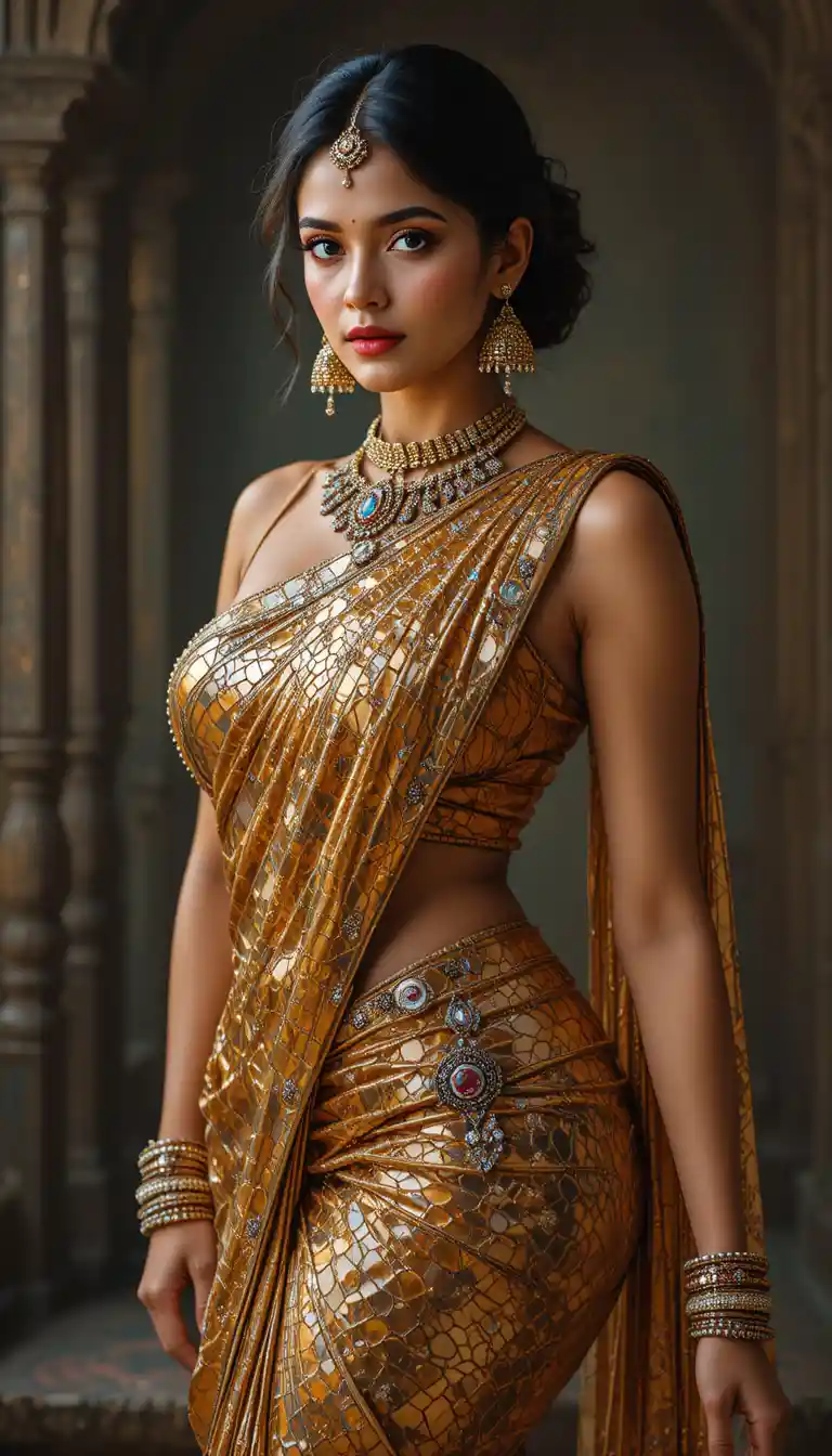 Tamil woman in glossy saree bending at the waist