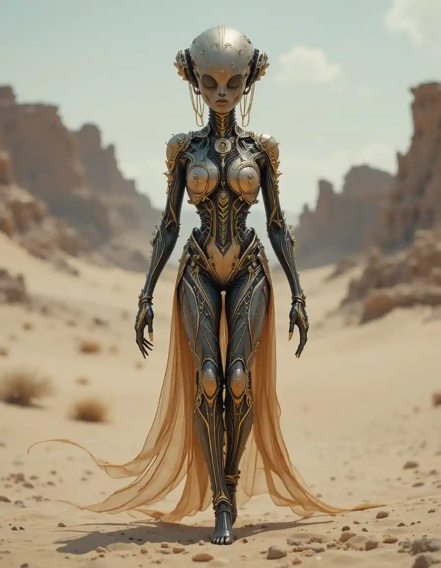 Alien woman walking across a vast futuristic desert landscape