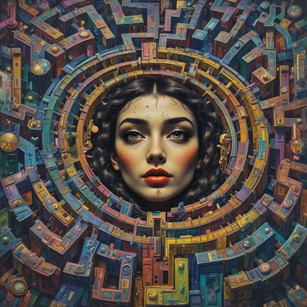 Surreal psychedelic maze with a woman face at the center