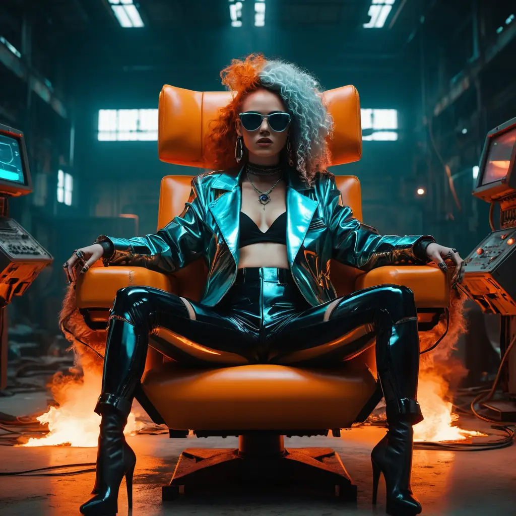 Cyberpunk queen posing in a ruined robotic factory