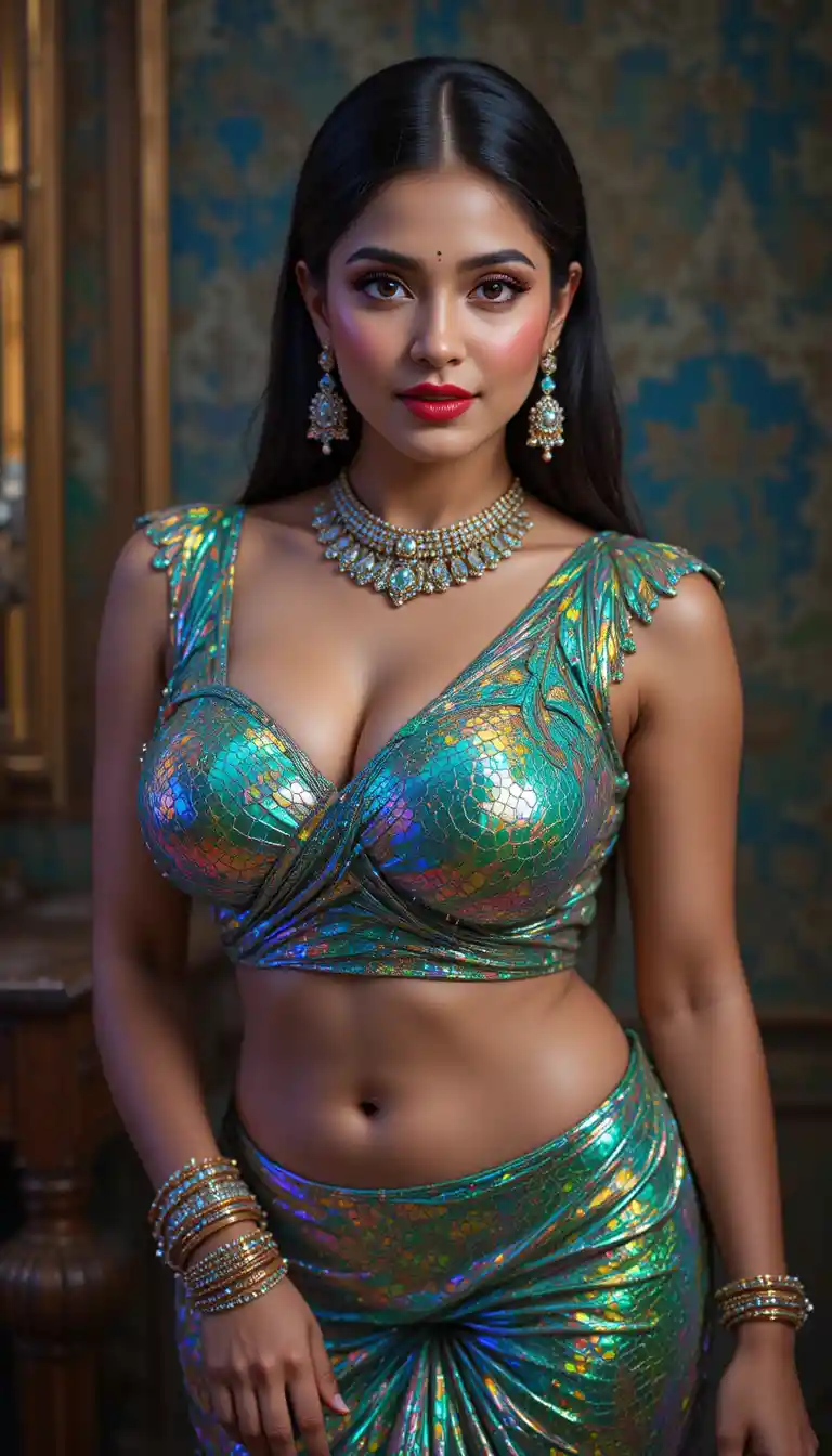 Indian woman in glossy saree bending with seductive gaze