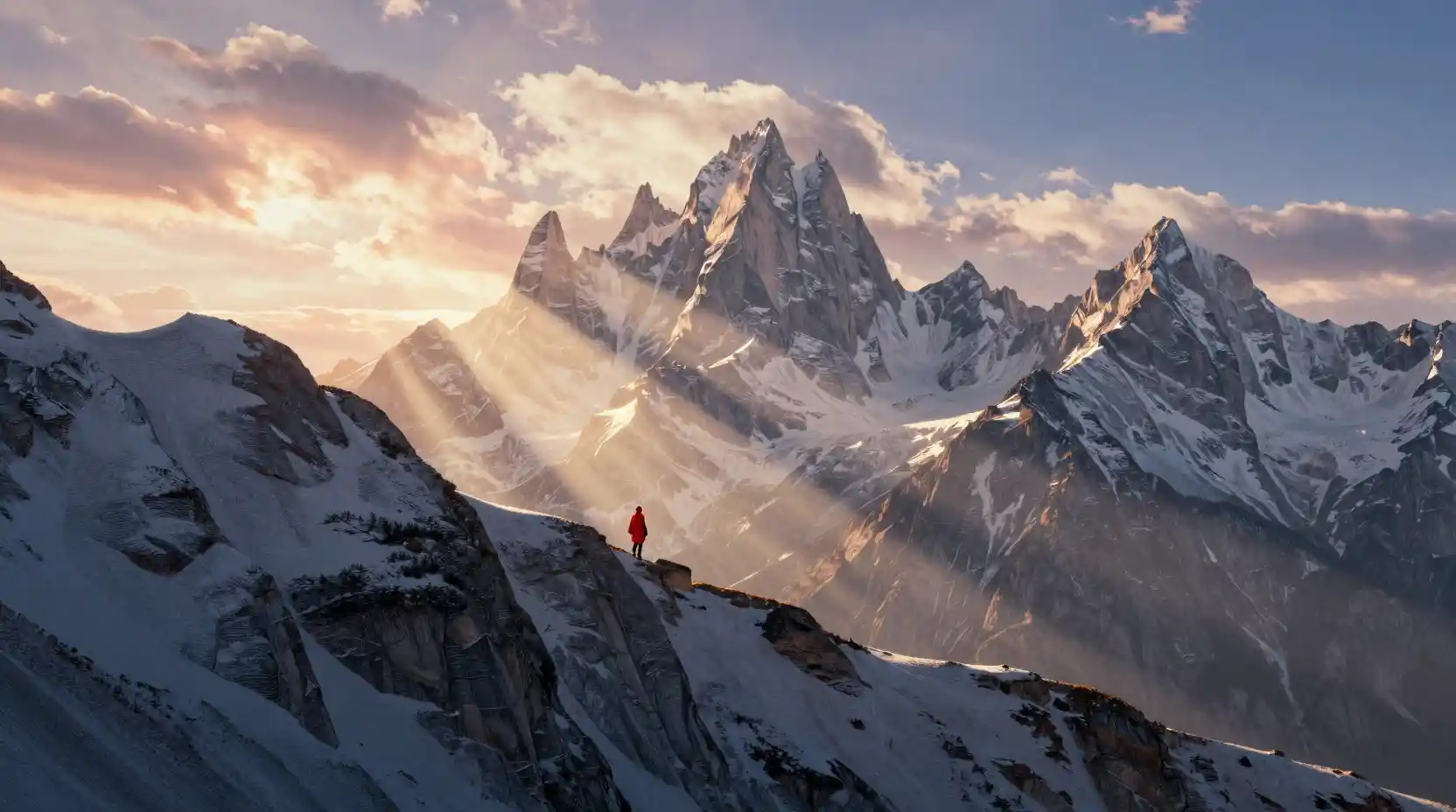 Lone red figure crossing a vast mountain ridge at dawn