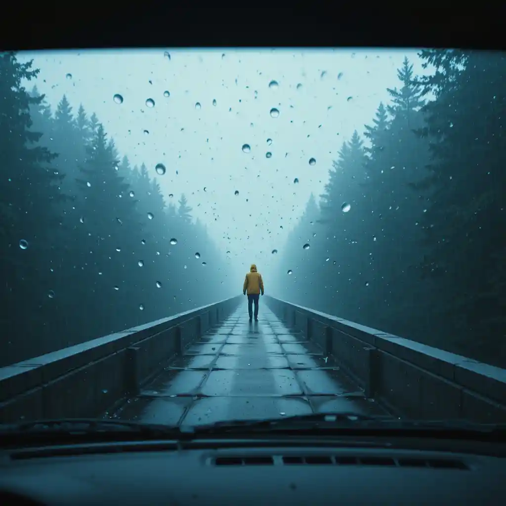 Rainy windshield view of a lone figure on foggy bridge