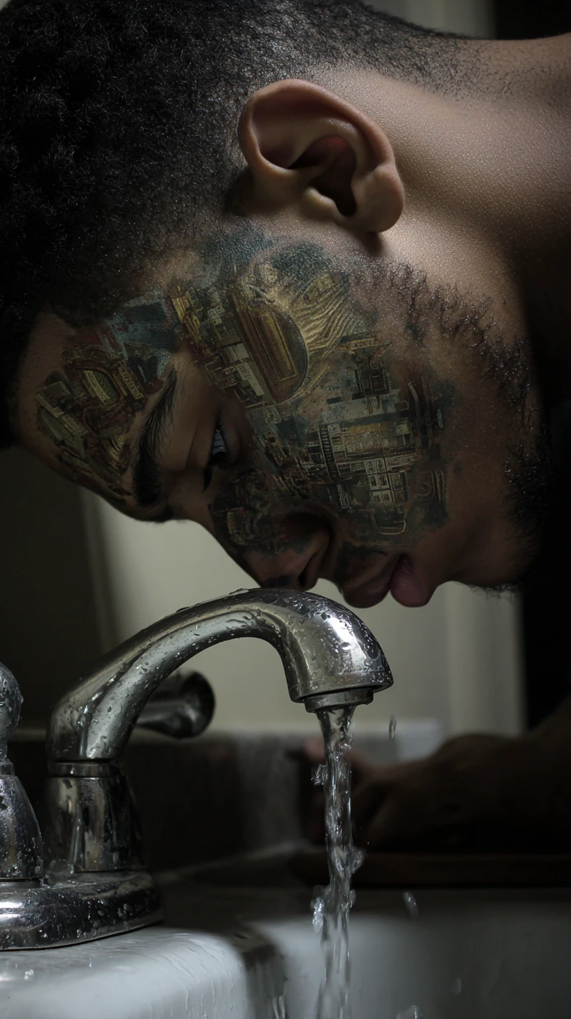 Young man drinking faucet water in a gritty bathroom