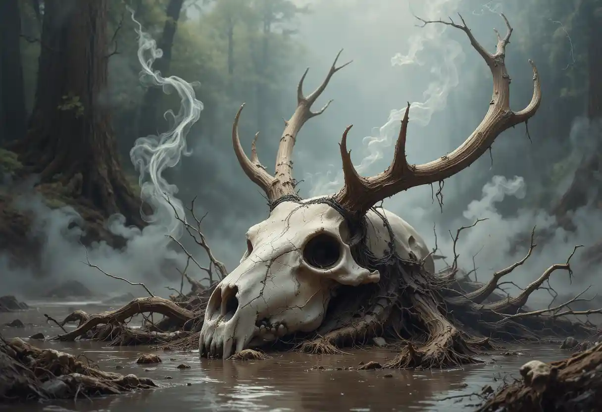 Unearthed deer skull vessel in misty forest earth