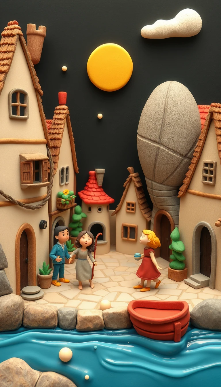 Childlike illustration of a quaint old village street scene