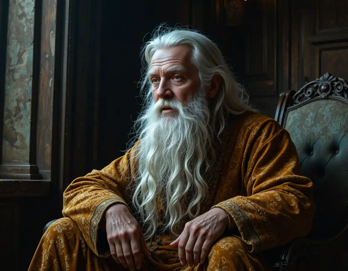 Elderly bearded man in velvet robe in dramatic light