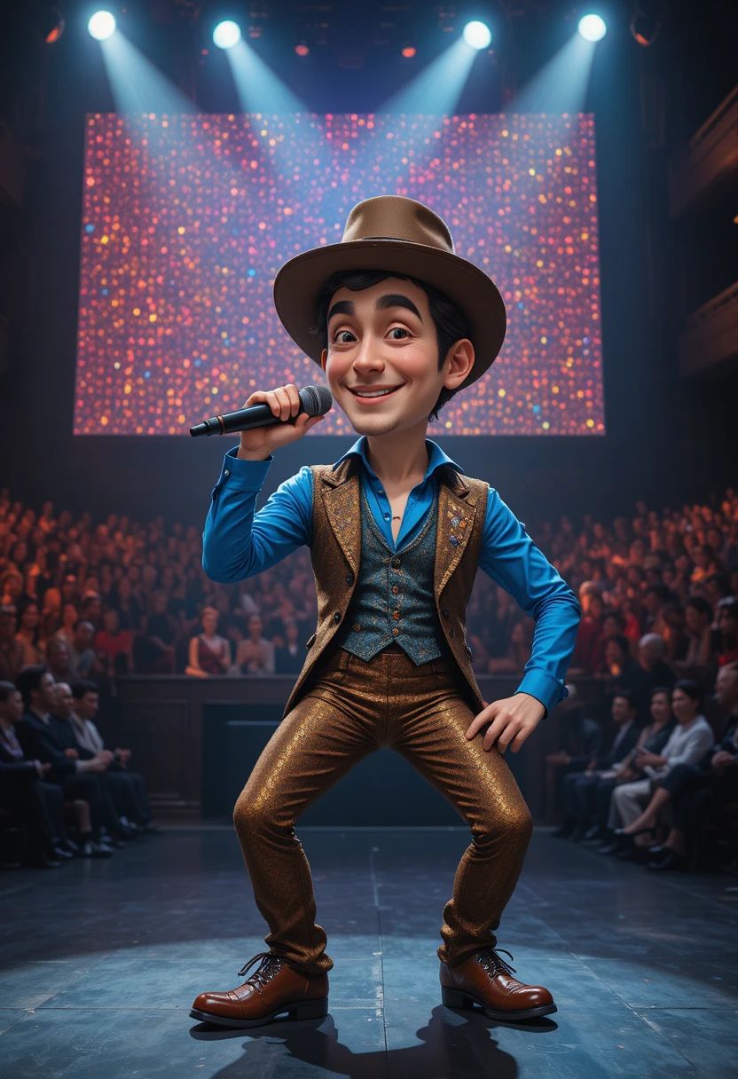 Joyful male singer in donkey costume on theater stage