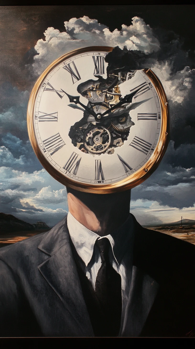 Tense man watching the clock with a guarded expression