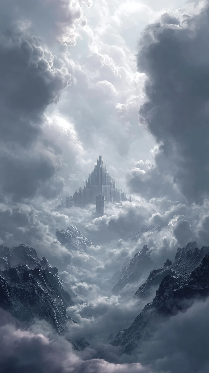 Towering fantasy monument rising through clouds and mist