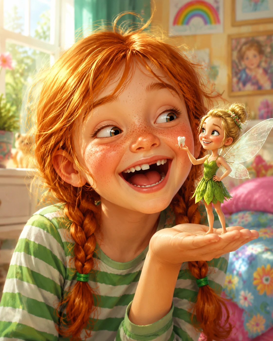 Niña pelirroja riendo con una diminuta hada de los dientes