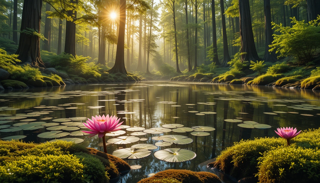 Sunlit forest pond with blooming pink water lilies