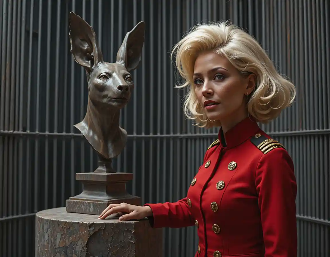 Curious woman in red military jacket beside bronze feline sculpture