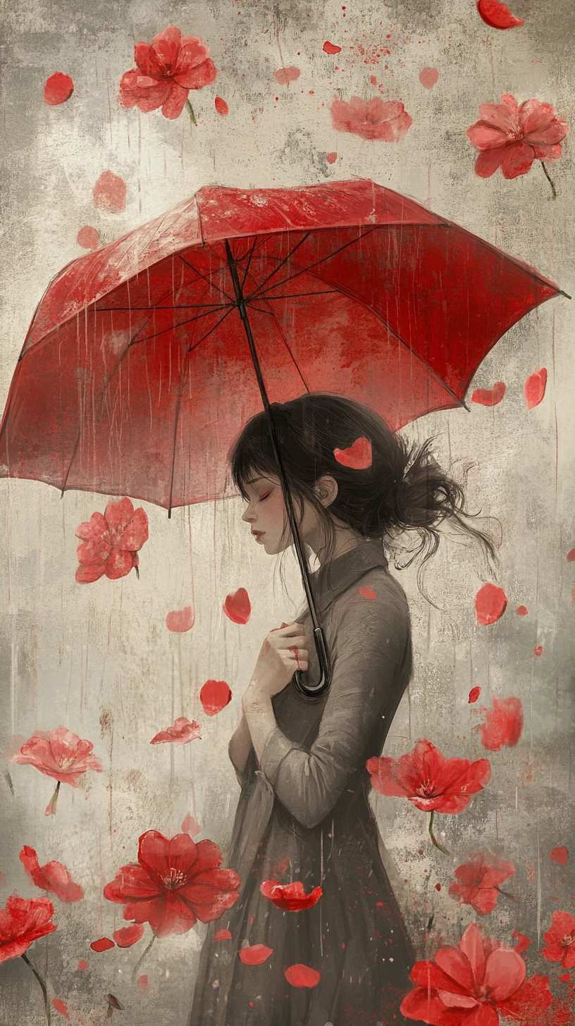 Girl With Flower Umbrella In A Dreamy Rainy Street