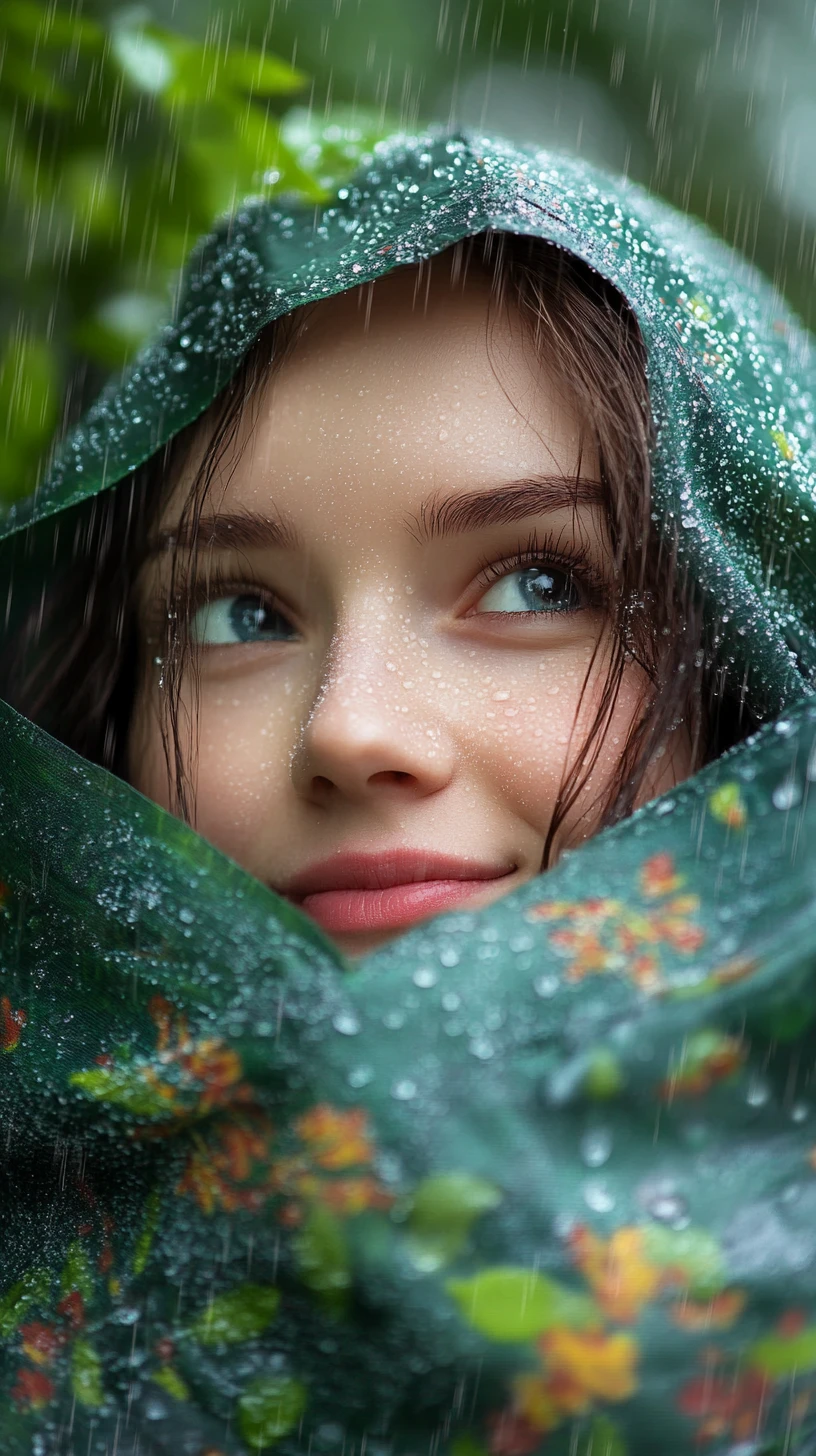 Joyful woman walking through a rainy summer city park