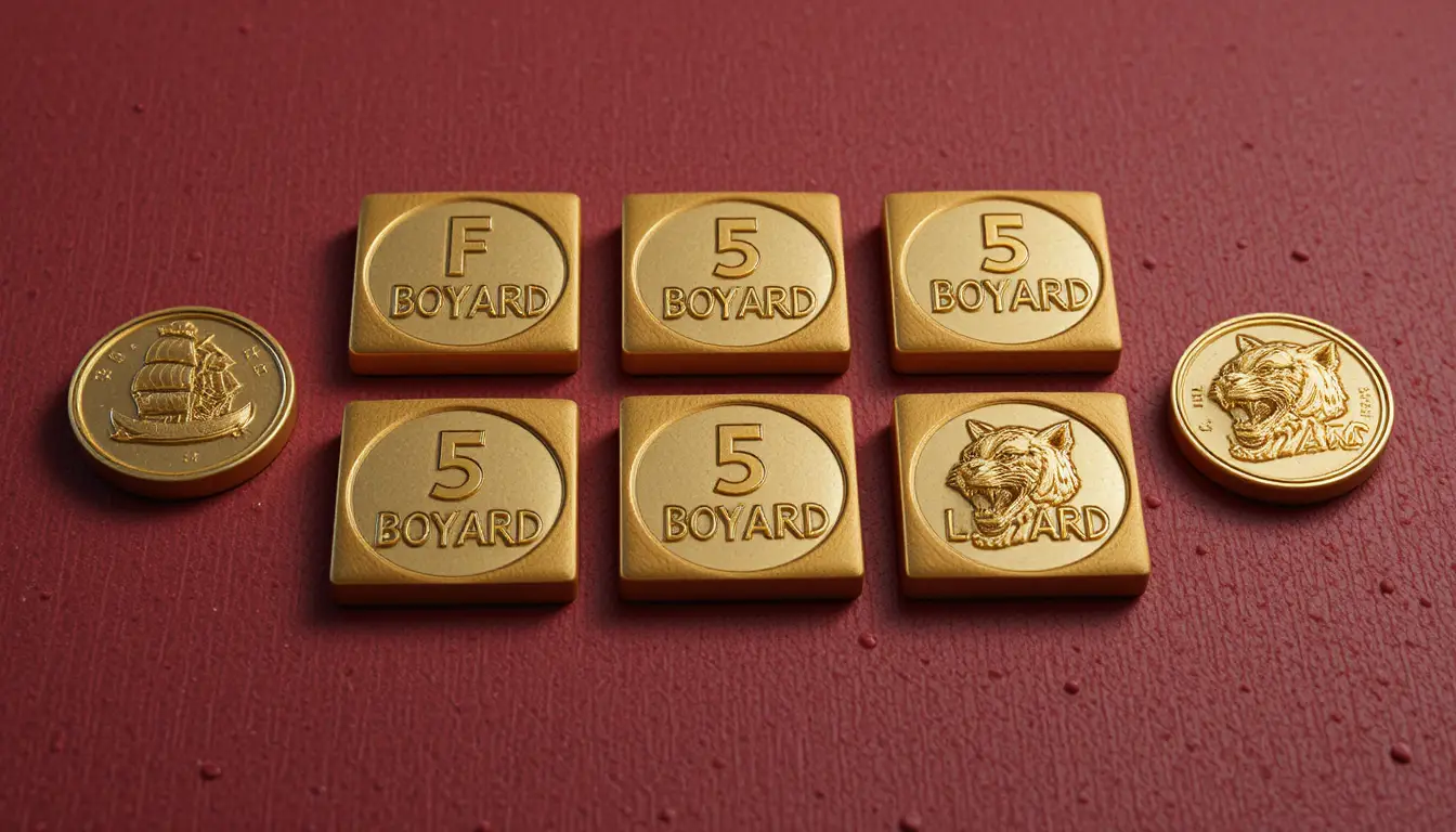 Golden coins with tiger and ship on red textured background