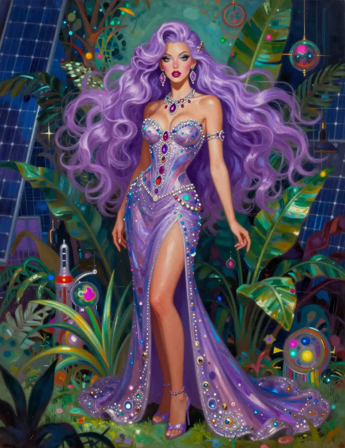 Solar punk woman in elegant futuristic prom gown