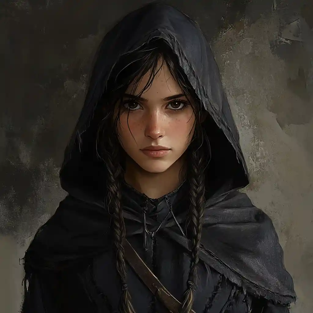 Hooded rogue woman with daggers in a dark cloak