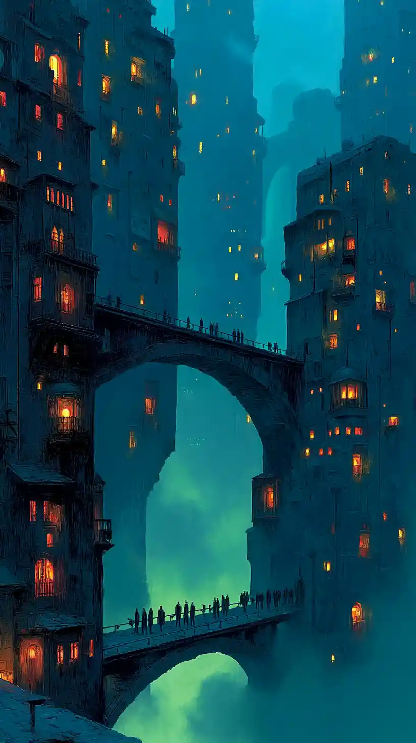 Dark fantasy city rising with impossible inverted light