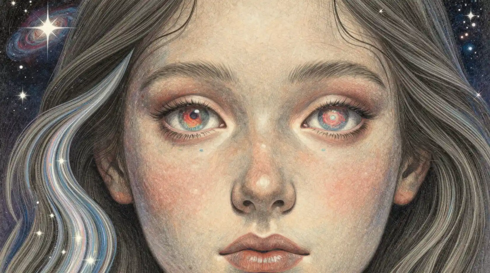 Surreal portrait of a woman with galaxies for eyes