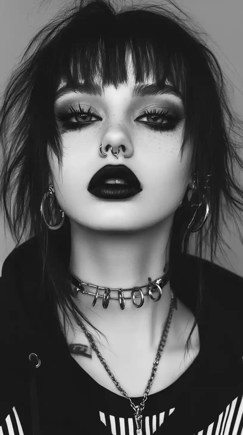 Emo gothic anime woman in striped hoodie close up