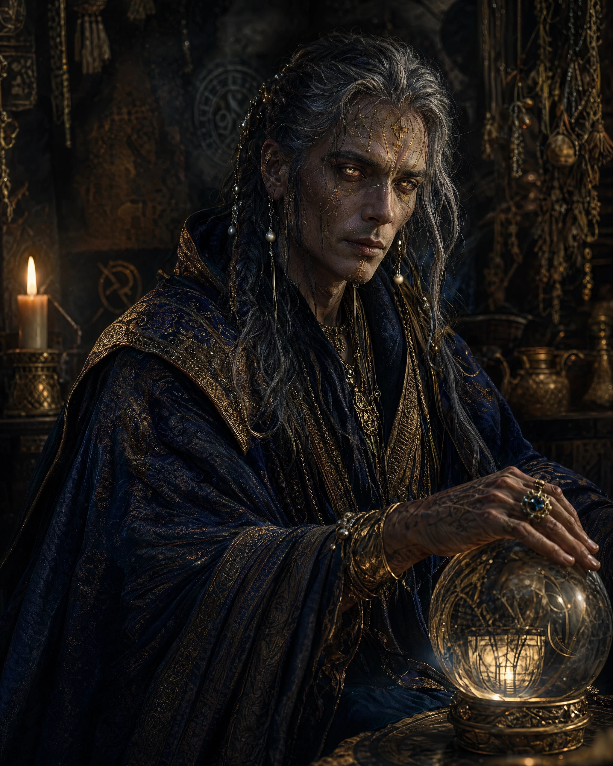 Mystic seer portrait with glowing crystal sphere