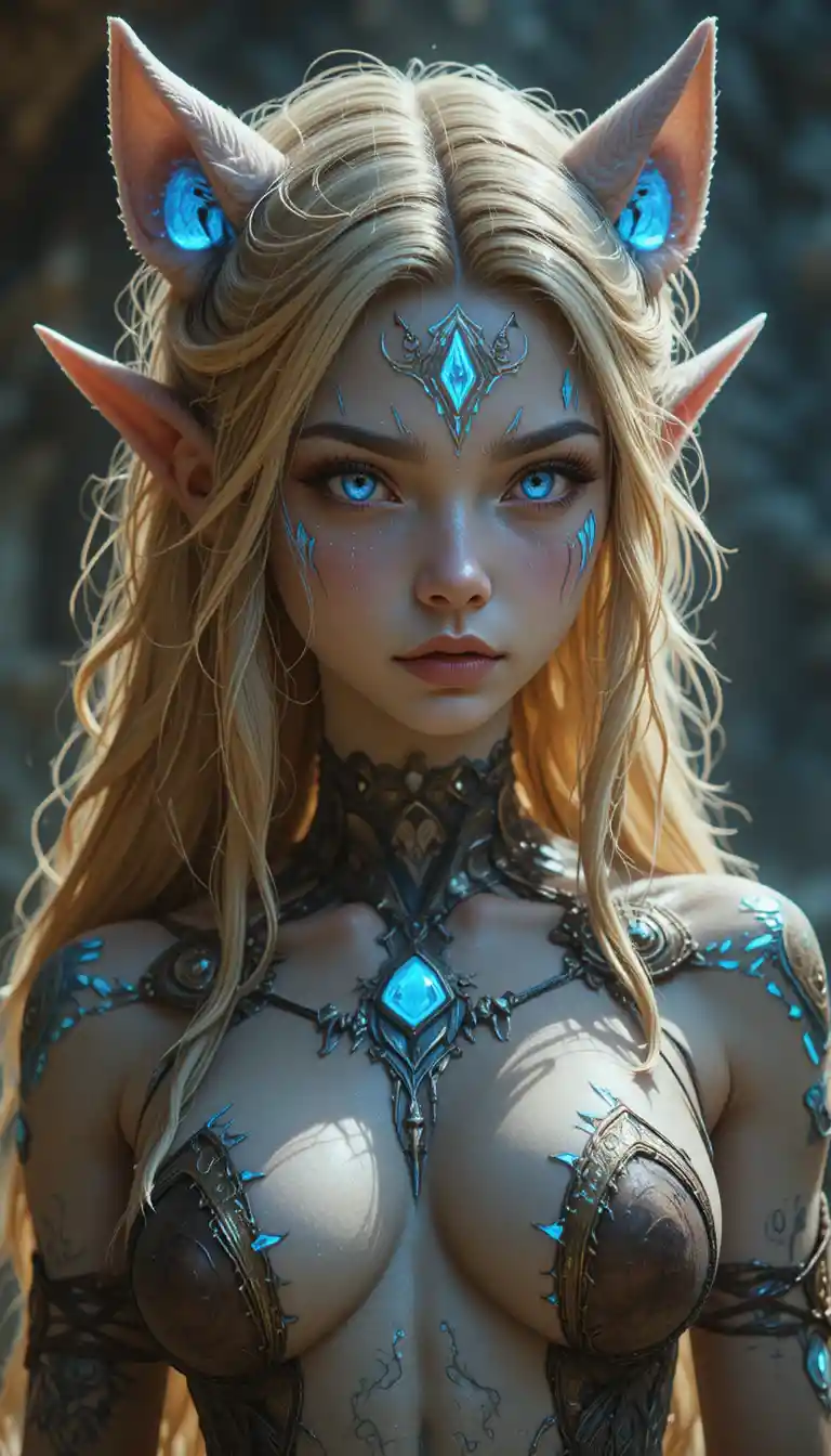 Young wolf woman guardian with pale blue eyes and runes