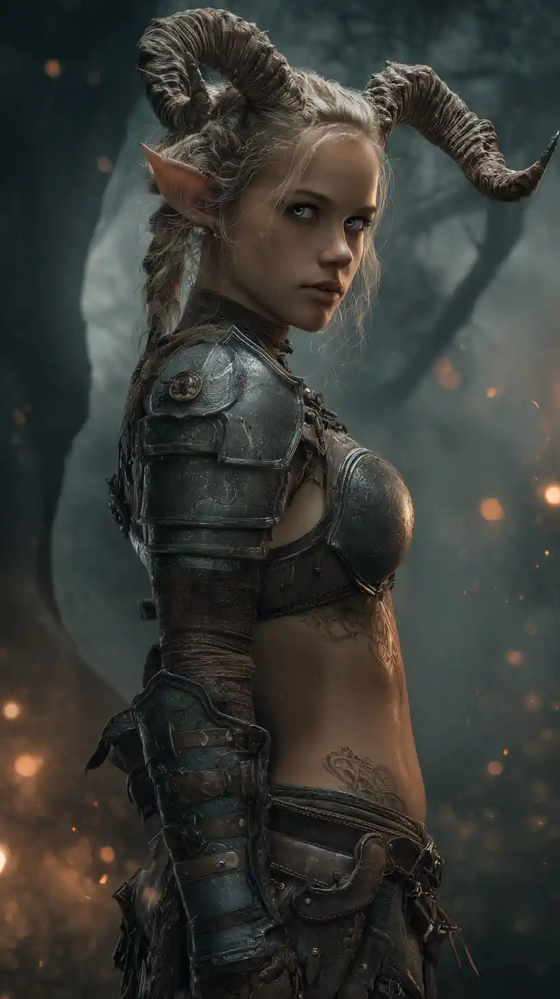 Horned elf warrior in cinematic moonlit forest portrait