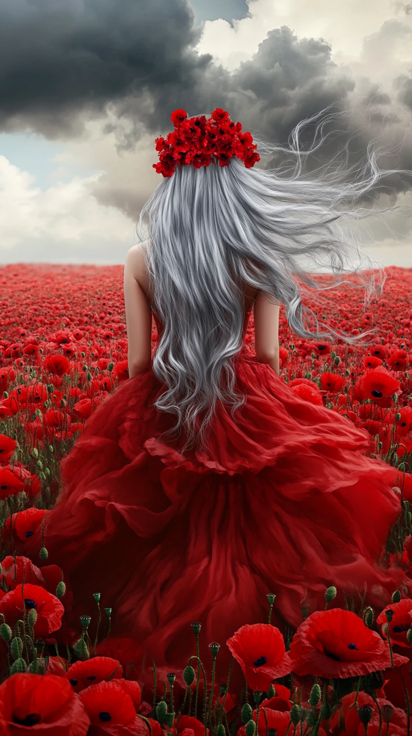 Woman In Red Gown Standing In Endless Poppy Field