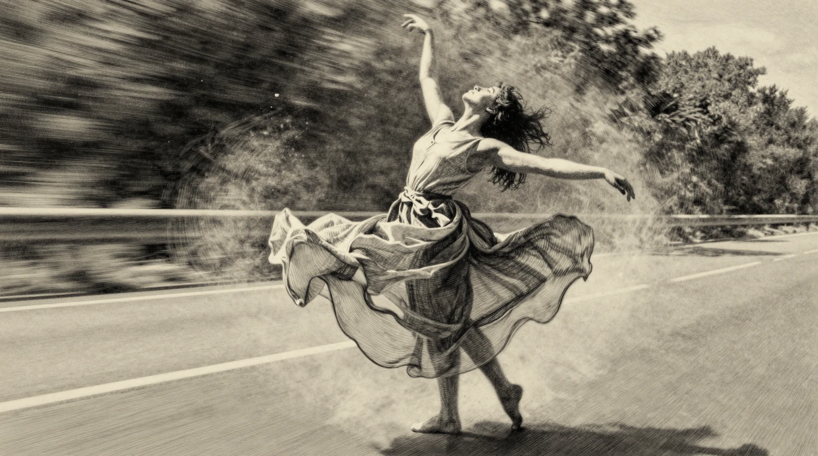 Graceful woman turning slowly in drifting sunlight dust