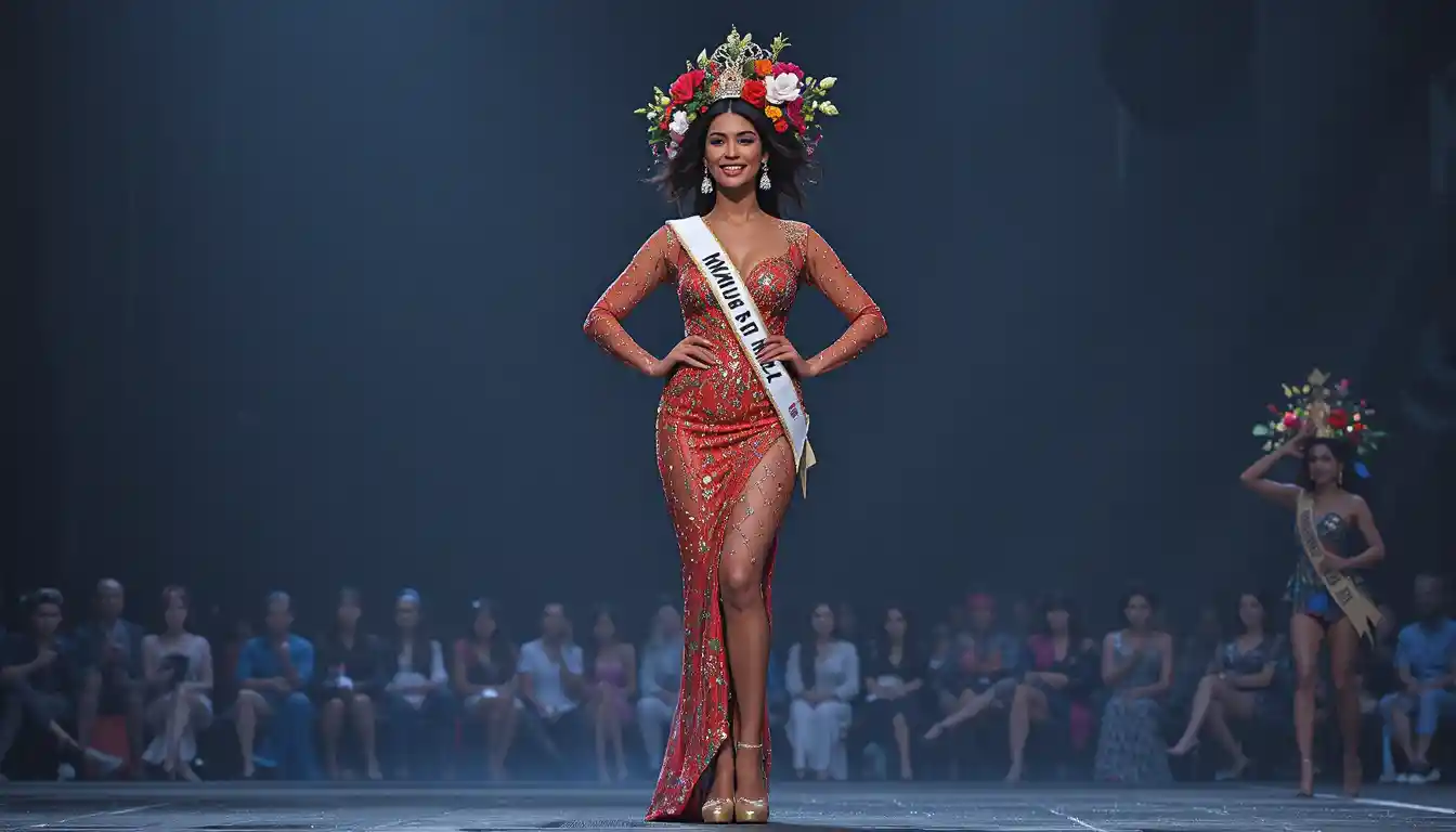 Smiling woman in floral crown on stage in red gown