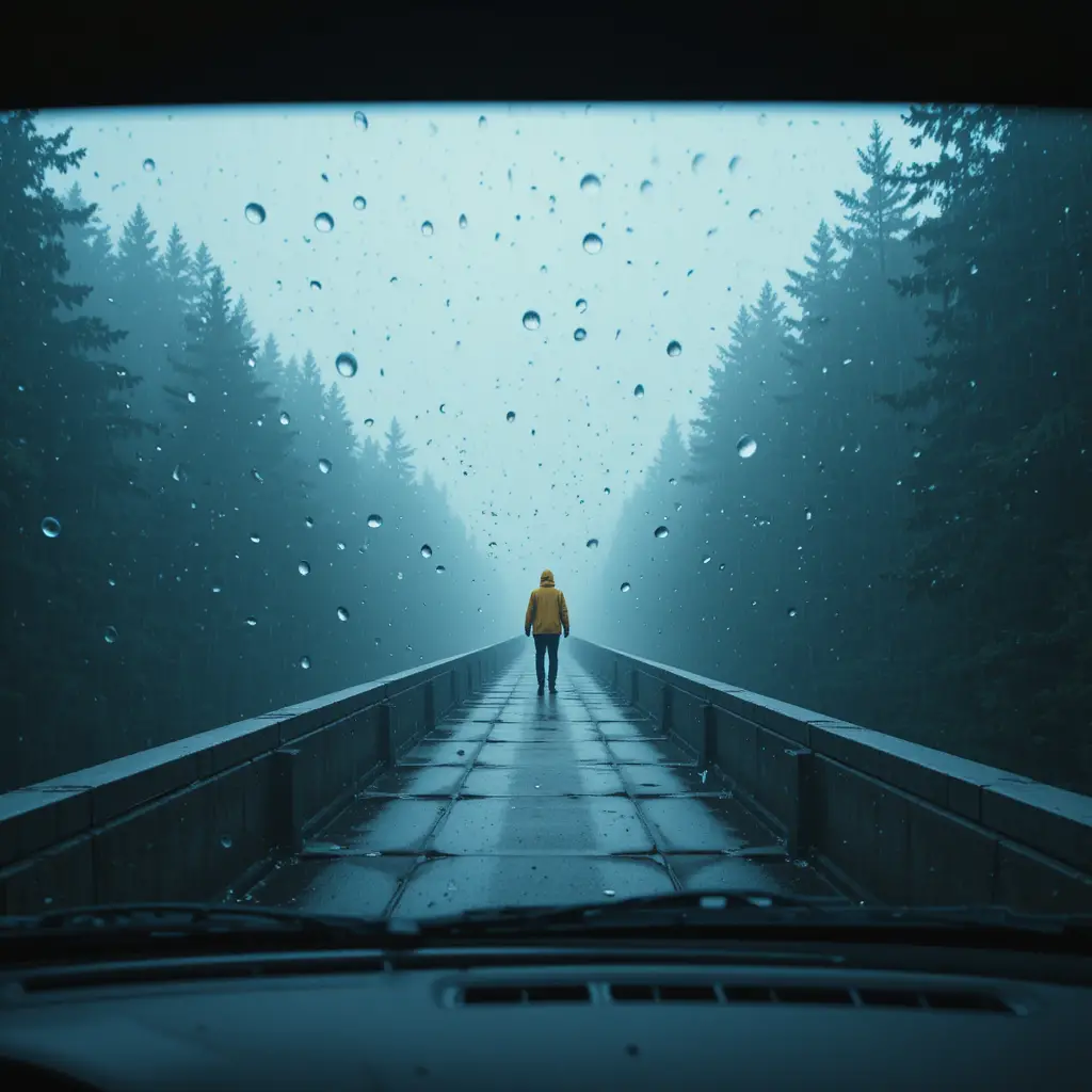 Vista attraverso il parabrezza bagnato di pioggia di una figura solitaria su un ponte nella nebbia