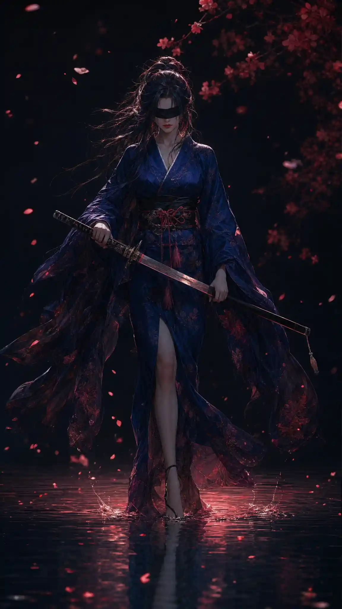 Blindfolded woman in dark kimono walking through still water
