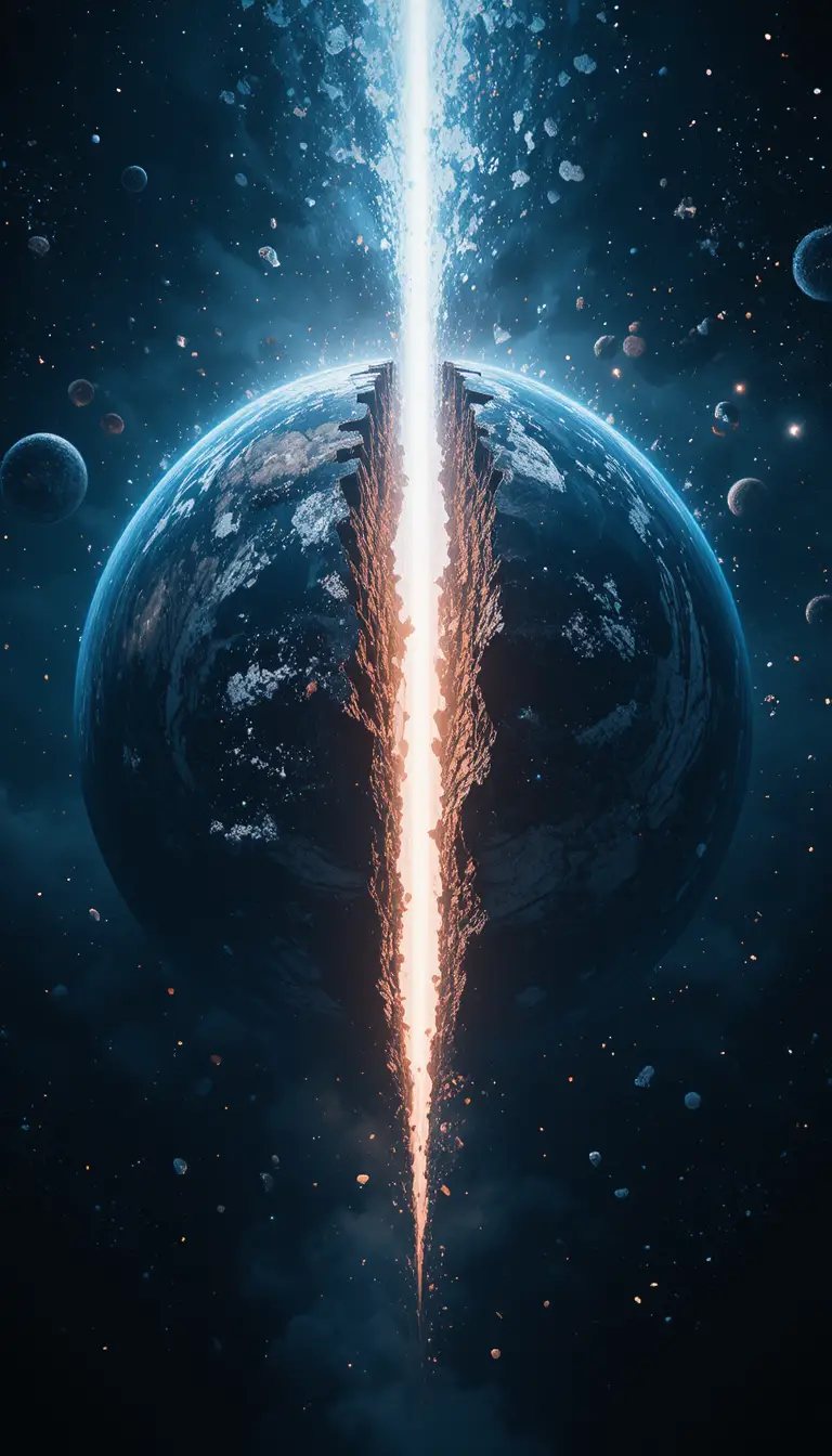Earth Splitting Apart In Space With Debris Flying Out