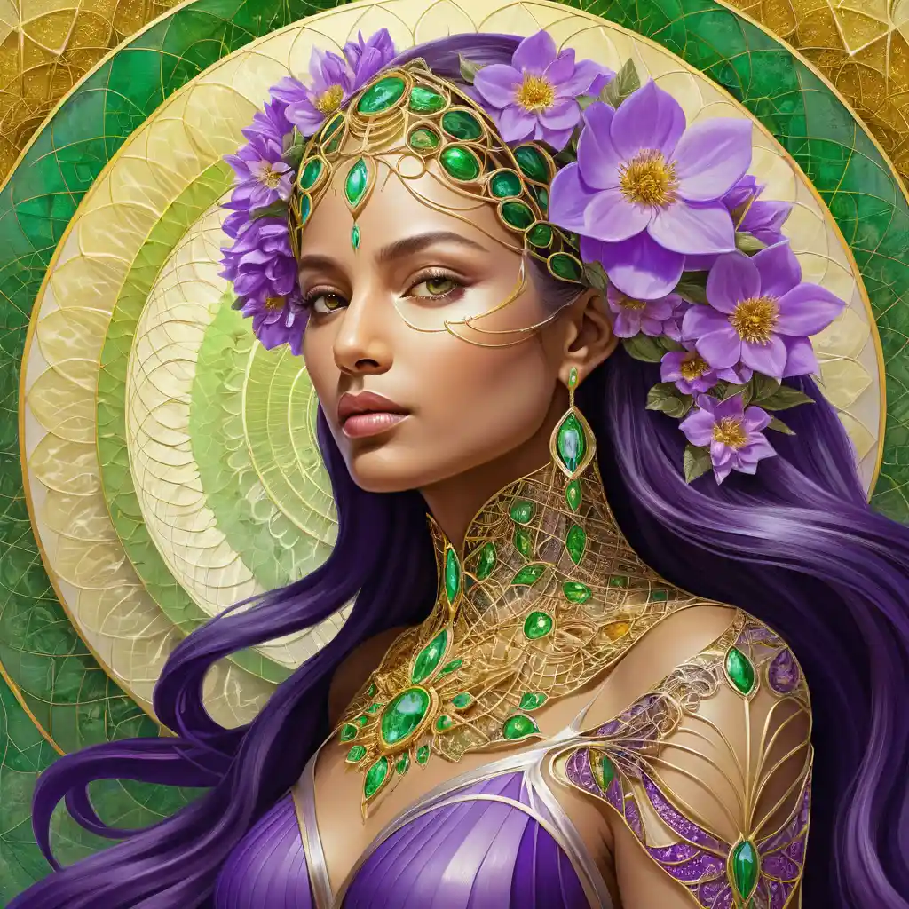 Fantasy woman with flowers in radiant golden harmony