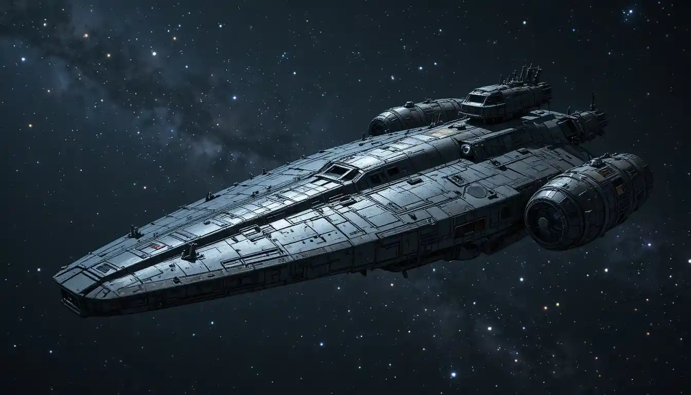 Sleek sci fi freighter drifting in deep starry space