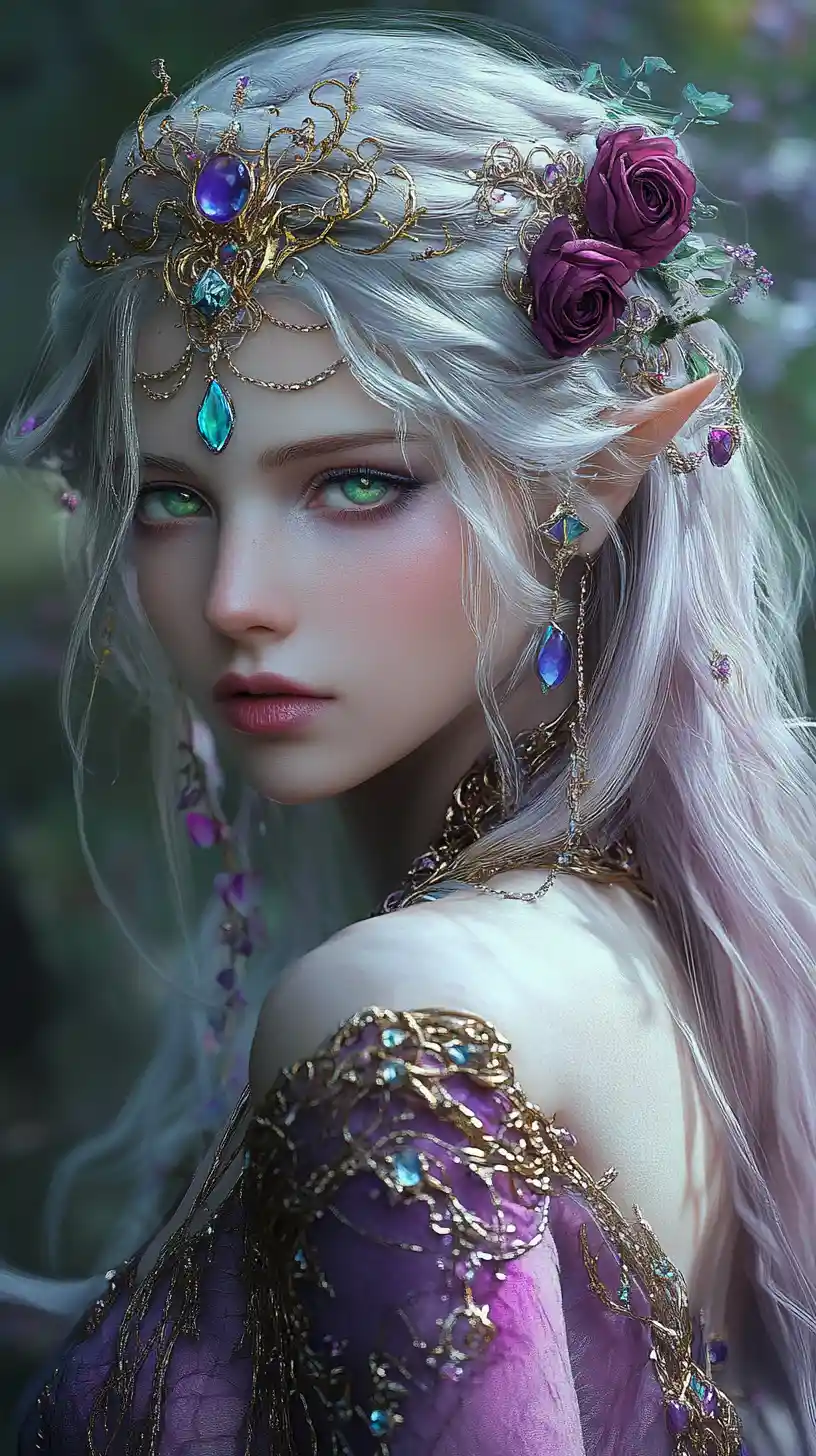 Mystical silver haired woman in jeweled fantasy forest