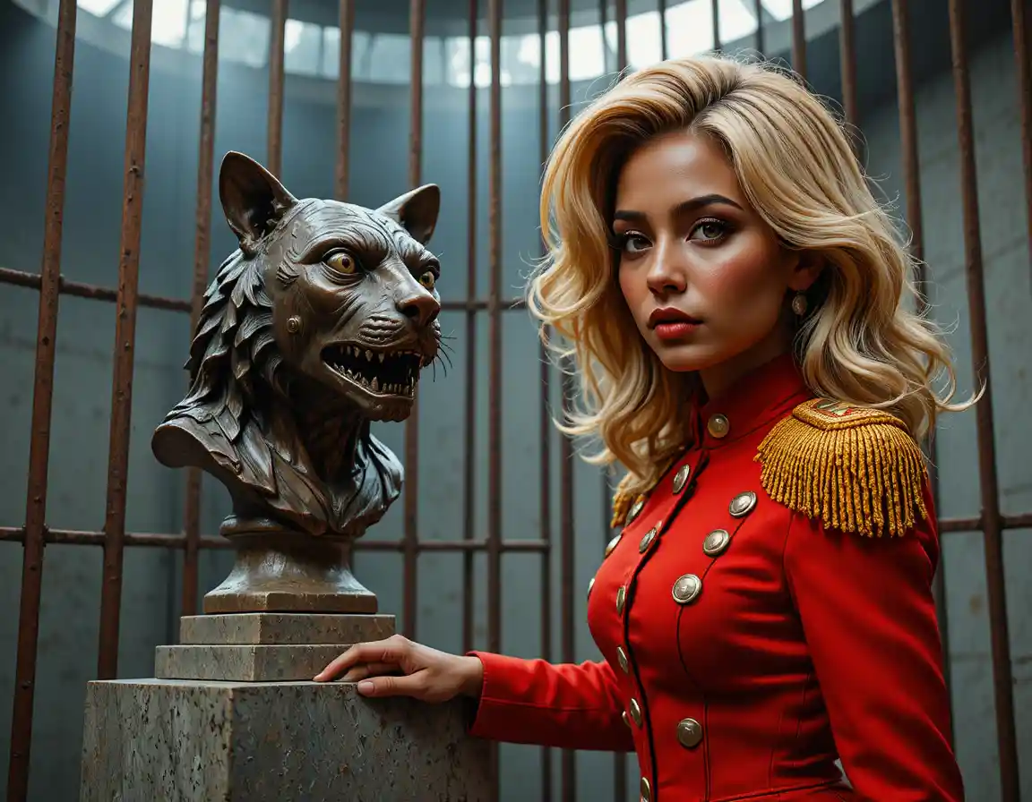 Woman in red military jacket beside bronze feline sculpture