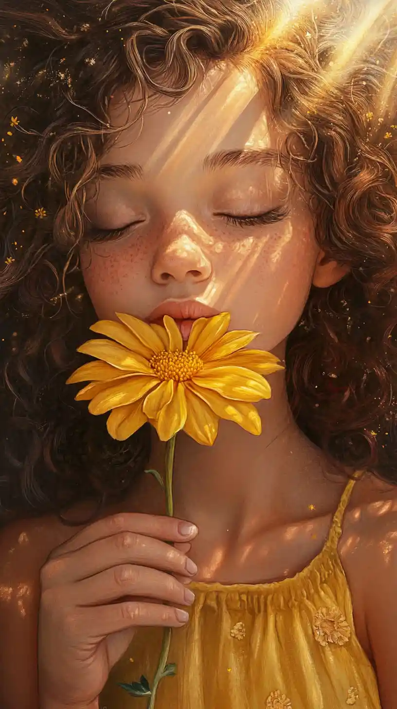 Cute girl in yellow dress with flower and divine light