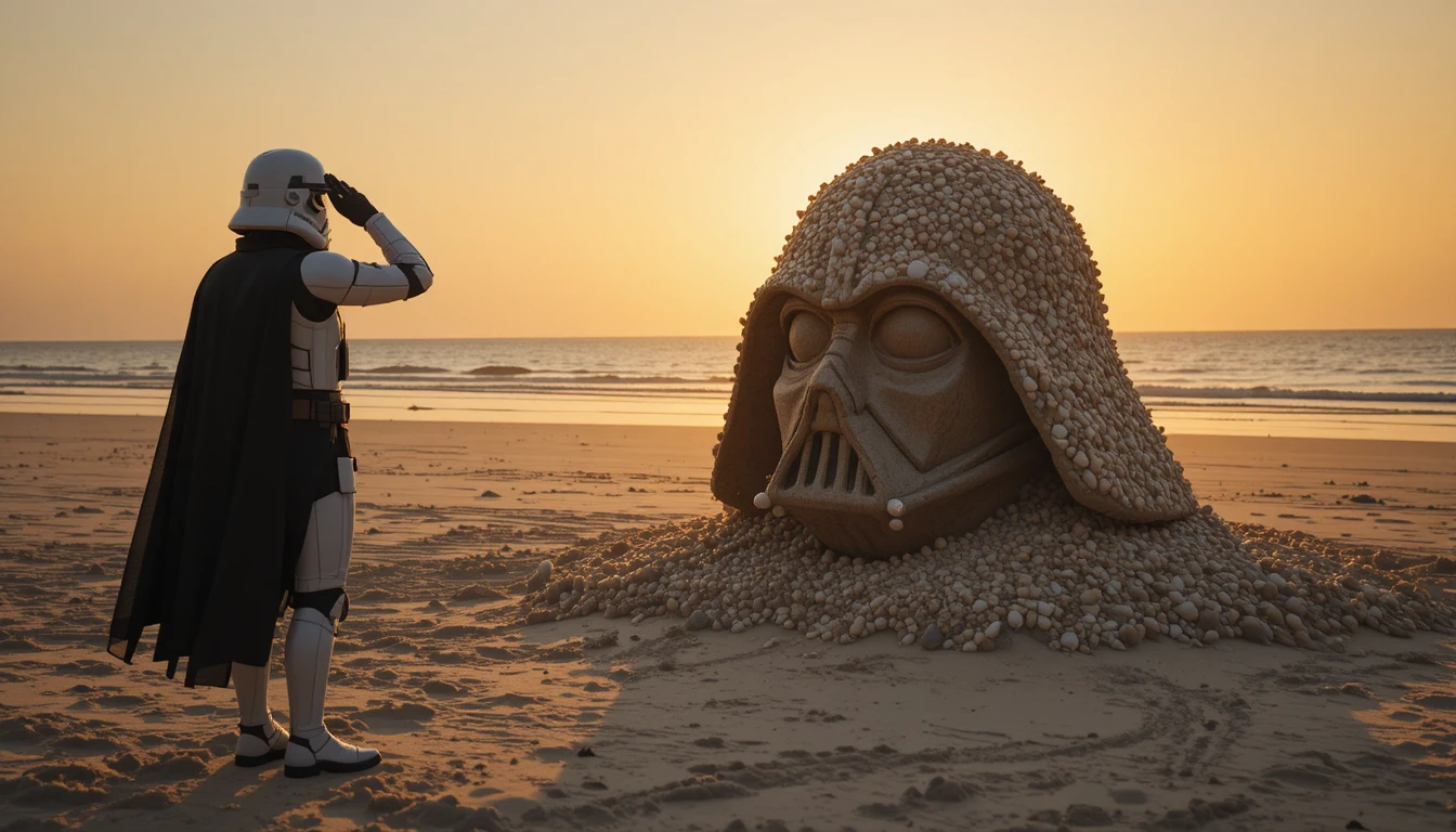 Stormtrooper Saluting Darth Vader Sand Sculpture At Sunset