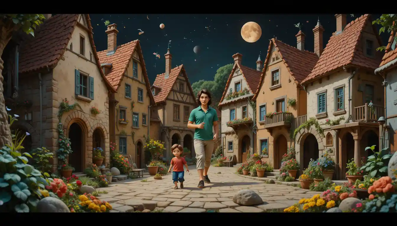Childlike clay style illustration of a lively old village